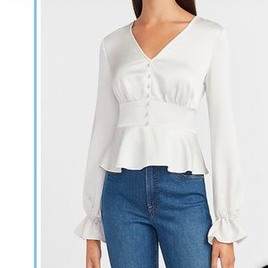 Satin Button Front V-Neck Peplum Top Size S light gray